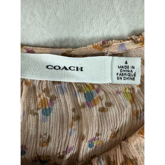 COACH Sz 4 Floral Ruffle Blouse 100% Silk Chiffon Peachy Button Top Semi-Sheer - Picture 8 of 10